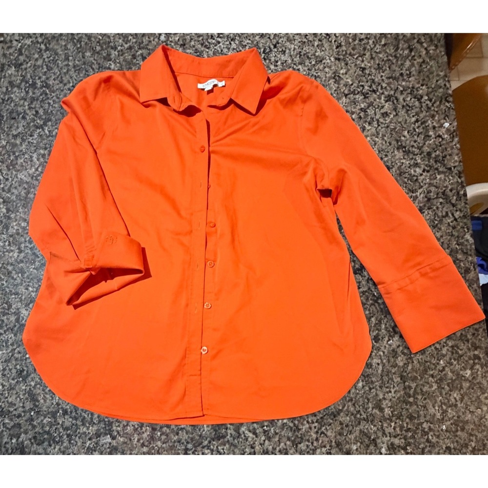 Chicos Orange Button Down Shirt Long‎ Sleeve Cotton Stretch Top Size 2 US 12